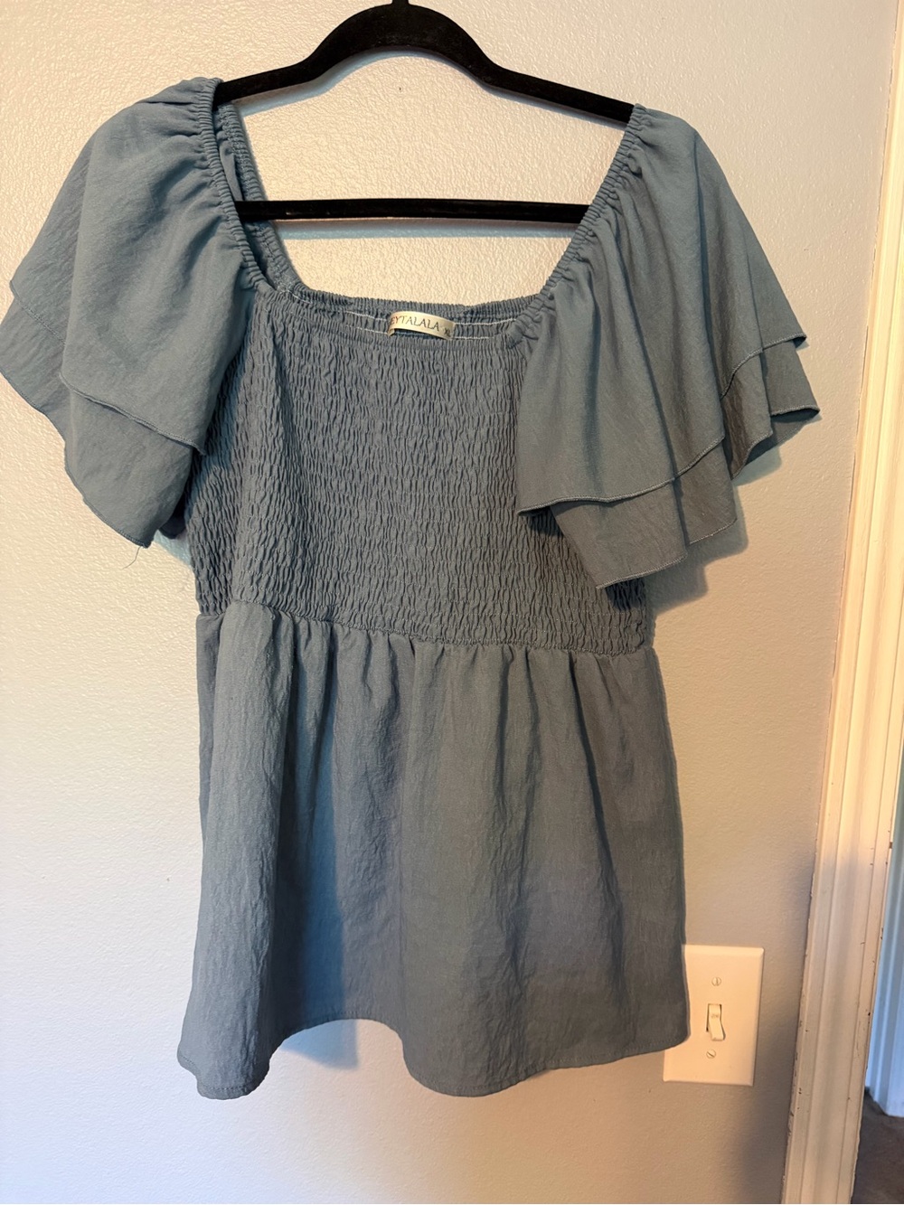 Talula Blue Smocked Square-Neck Flutter Sleeve Tunic Top